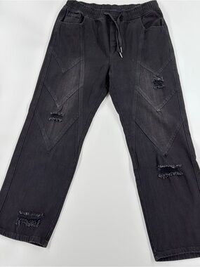 0226 Watson Men's Black Distressed Relaxed Jeans with Drawstring Waist